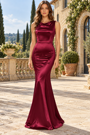 Chic Cowl Neck Mermaid Satin Sleeveless Long Prom Evening Formal Dress