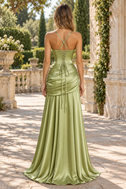 Chic Double Straps Pleated Satin Sleeveless Prom Formal Dress