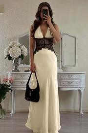 Chic Halter V-Neck Satin Sleeveless Long Evening Prom Dress with Lace Appliques