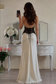 Chic Halter V-Neck Satin Sleeveless Long Evening Prom Dress with Lace Appliques