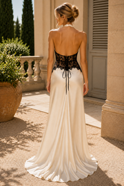 Chic Halter V-Neck Satin Sleeveless Long Evening Prom Dress with Lace Appliques
