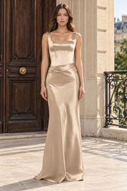 Chic Square Neck Straps Sheath Satin Sleeveless Formal Prom Dress