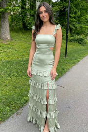 Chic Straps Square Neck Ruffles Satin Prom Formal Dress with Slit