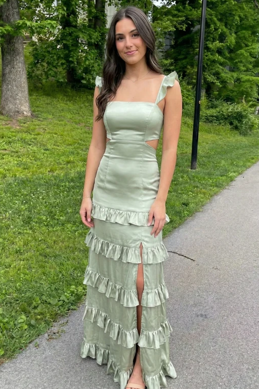 Chic Straps Square Neck Ruffles Satin Prom Formal Dress with Slit
