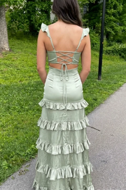 Chic Straps Square Neck Ruffles Satin Prom Formal Dress with Slit