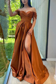 Off-Shoulder A-Line Satin Pleated Long Formal Prom Dress with Slit