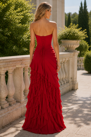 Classic Strapless A-Line Ruffles High Slit Long Prom Formal Dress