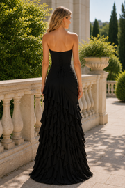 Classic Strapless A-Line Ruffles High Slit Long Prom Formal Dress