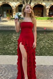 Classic Strapless A-Line Ruffles High Slit Long Prom Formal Dress