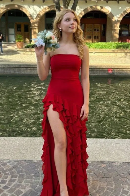 Classic Strapless A-Line Ruffles High Slit Long Prom Formal Dress