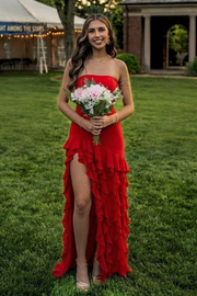 Classic Strapless A-Line Ruffles High Slit Long Prom Formal Dress