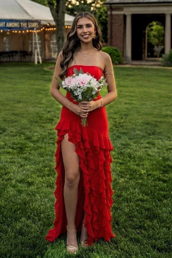Classic Strapless A-Line Ruffles High Slit Long Prom Formal Dress