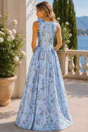 Classy Blue A-Line V-Neck Print Sleeveless Long Prom Evening Dress