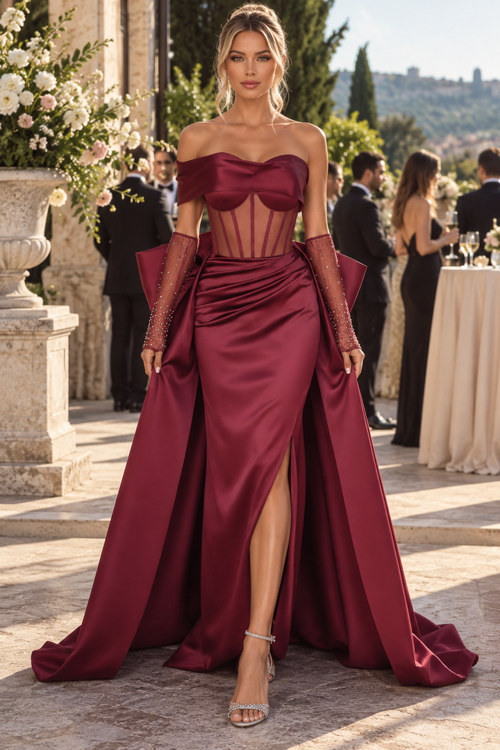 Classy Burgundy Strapless Pleats Satin Prom Evening Dress with Train