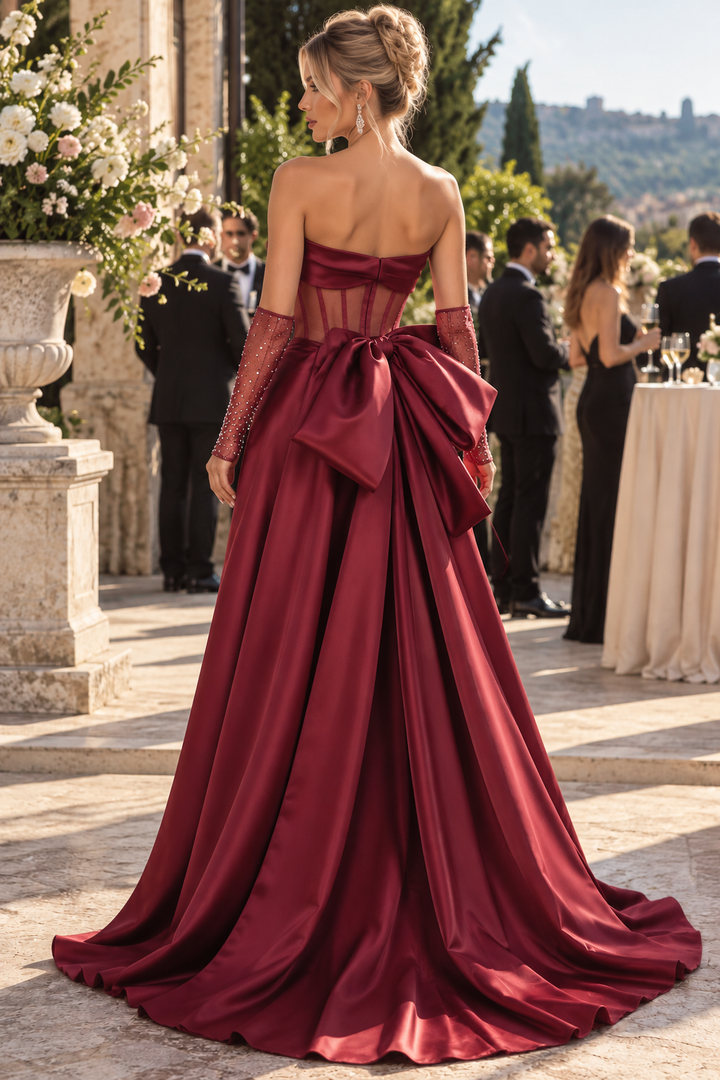 Classy Burgundy Strapless Pleats Satin Prom Evening Dress with Train