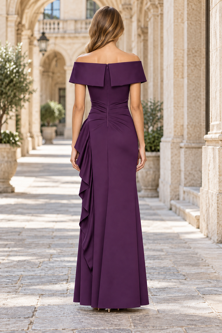 Classy Off-Shoulder Sheath Ruched Satin Prom Evening Dress