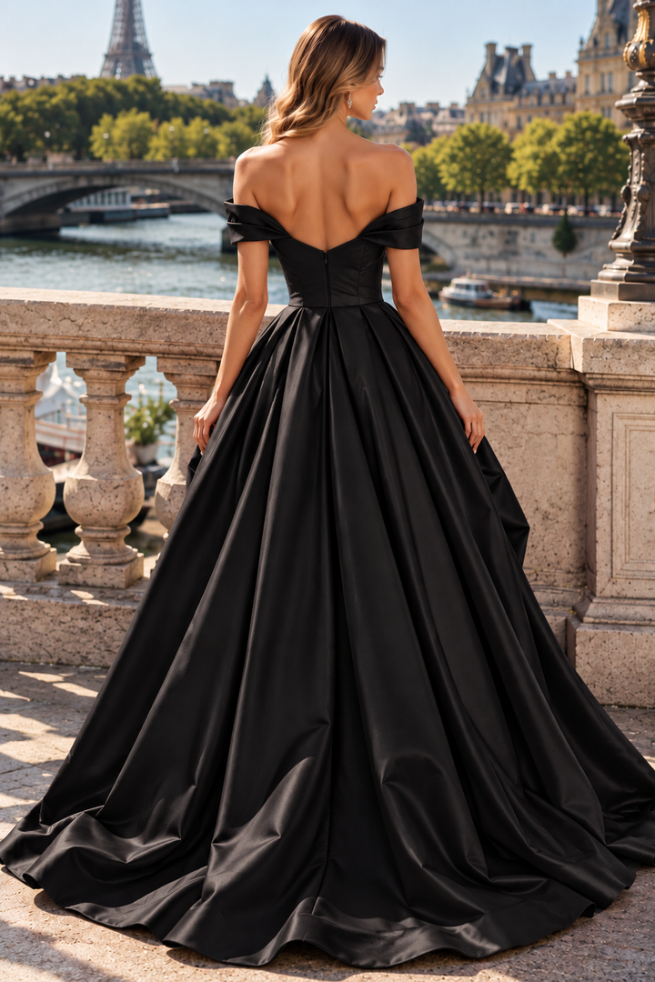 Classy Off-Shoulder V-Neck Ruched A-Line Satin Prom Evening Formal Dress