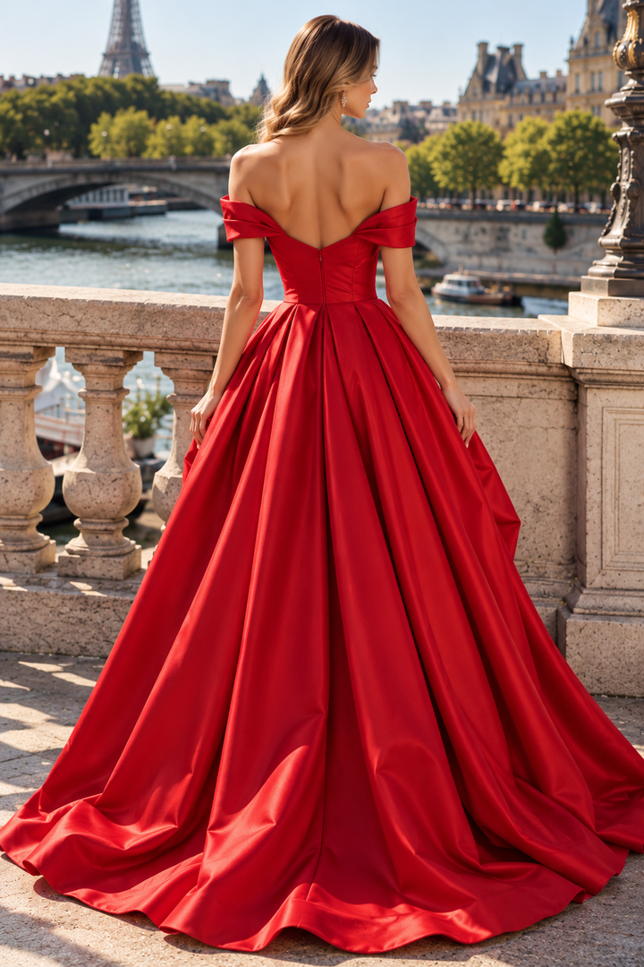 Classy Off-Shoulder V-Neck Ruched A-Line Satin Prom Evening Formal Dress