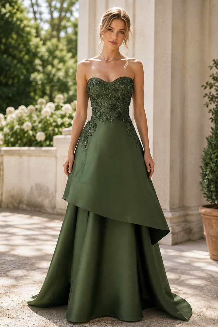 Classy Olive Green Strapless A-Line Tiered Prom Evening Dress with Appliques