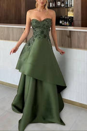 Classy Olive Green Strapless A-Line Tiered Prom Evening Dress with Appliques