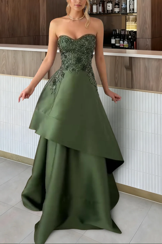 Classy Olive Green Strapless A-Line Tiered Prom Evening Dress with Appliques