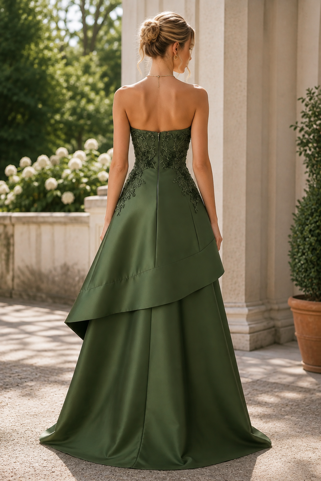 Classy Olive Green Strapless A-Line Tiered Prom Evening Dress with Appliques
