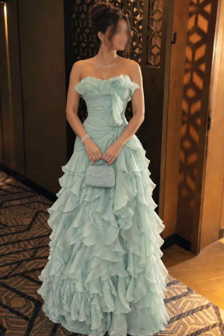 Classy Strapless Empire-Waist A-Line Ruffles Sleeveless Long Prom Evening Dress