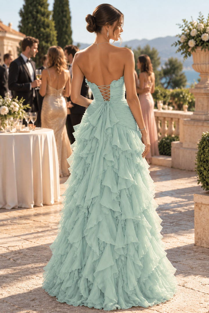 Classy Strapless Empire-Waist A-Line Ruffles Sleeveless Long Prom Evening Dress