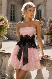 Cute A-Line Pink Strapless Lace Short Homecoming Dress with Bow