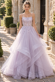 Cute Lilac Spaghetti Straps A-Line Ruffles Long Prom Dress with Appliques
