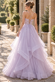 Cute Lilac Spaghetti Straps A-Line Ruffles Long Prom Dress with Appliques