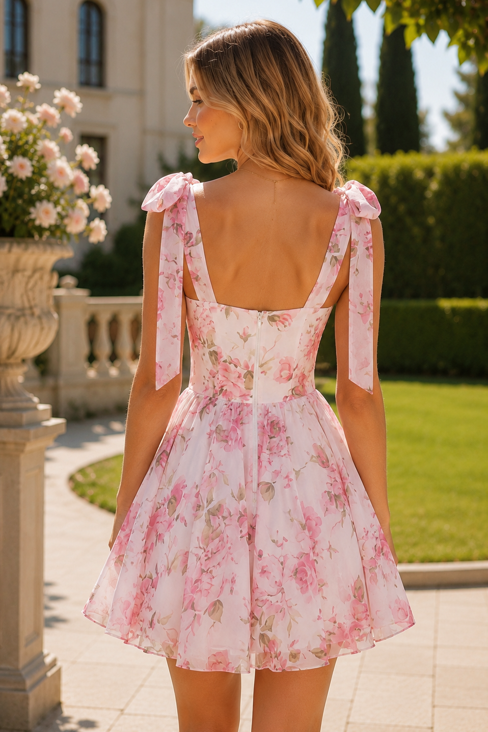 Cute Pink A-Line Floral Print Sleeveless Short Homecoming Dress