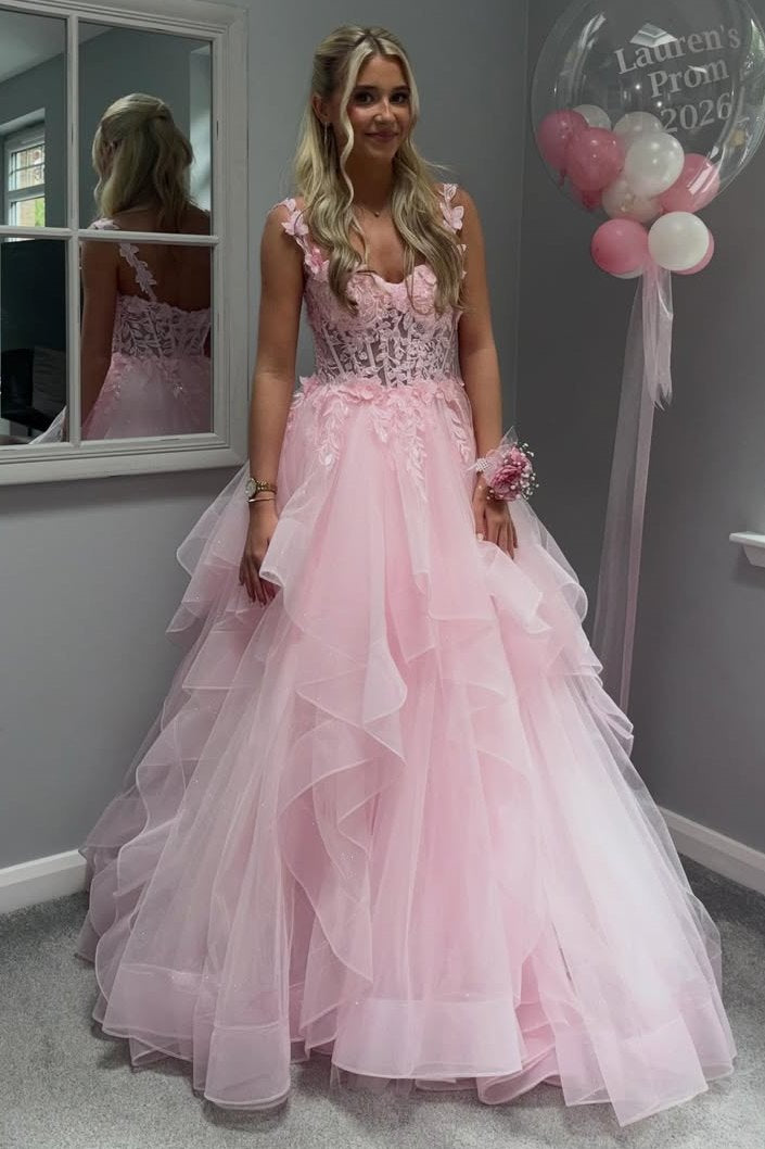 Cute Pink A-Line Sleeveless Empire-Waist Ruffles Long Prom Dress with Appliques