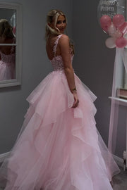 Cute Pink A-Line Sleeveless Empire-Waist Ruffles Long Prom Dress with Appliques