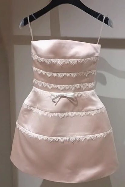 Cute Pink Spaghetti Straps Satin Mini Homecoming Party Dress