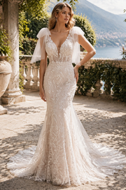 Deep V Lace Mermaid Wedding Dress with Flutter Sleeves and Chapel Train