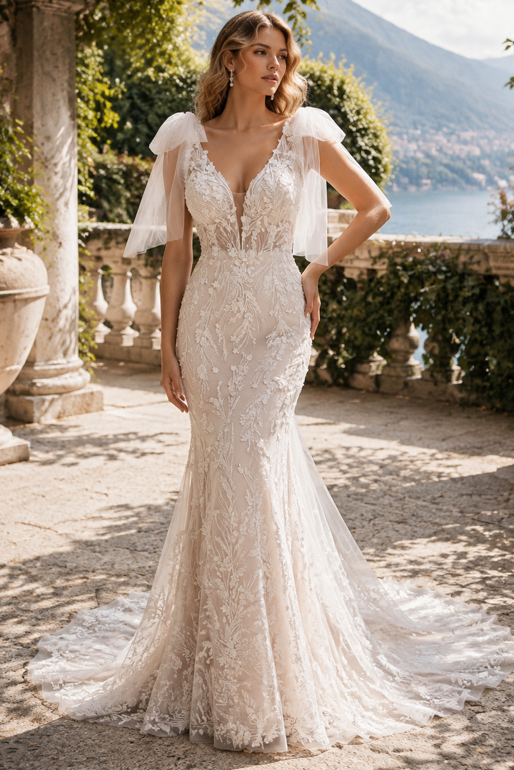 Deep V Lace Mermaid Wedding Dress with Flutter Sleeves and Chapel Train