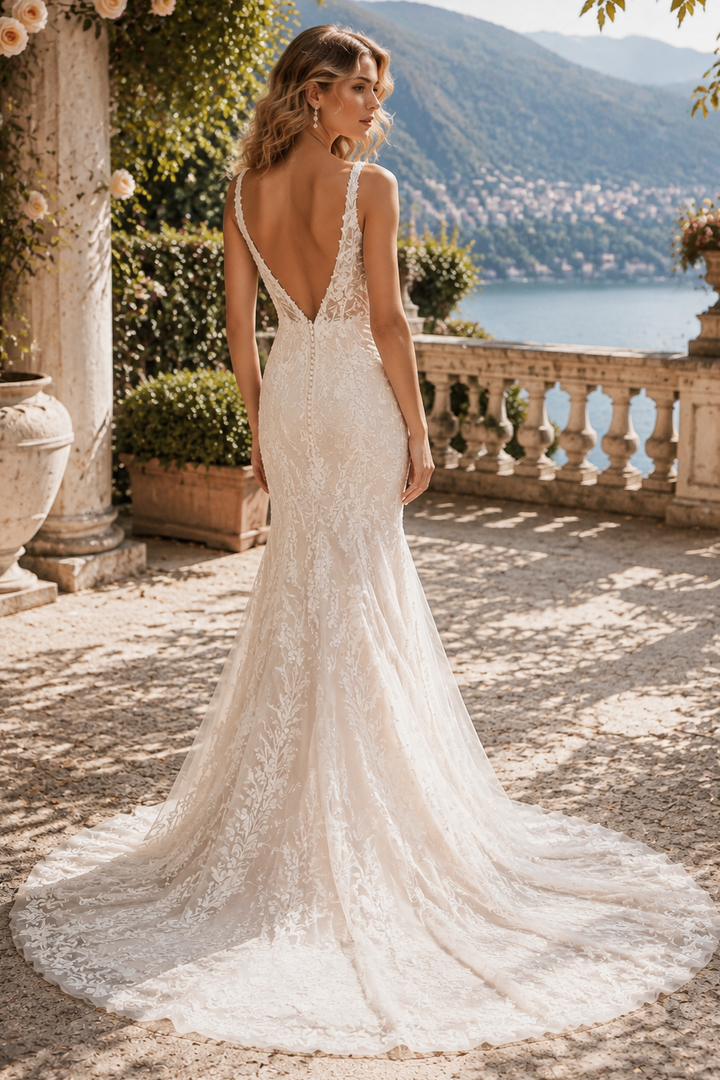 Deep V Lace Mermaid Wedding Dress with Flutter Sleeves and Chapel Train