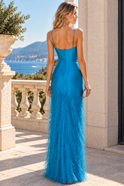 Elegant Blue Spaghetti Straps V-Neck Feathers Sheath Prom Evening Dress