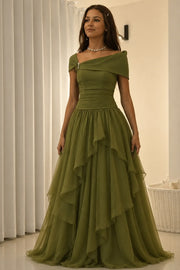 Elegant Off-Shoulder A-Line Ruffles Chiffon Empire-Waist Long Prom Evening Dress