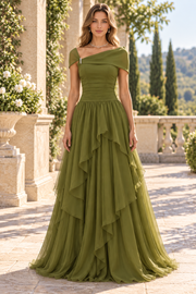 Elegant Off-Shoulder A-Line Ruffles Chiffon Empire-Waist Long Prom Evening Dress