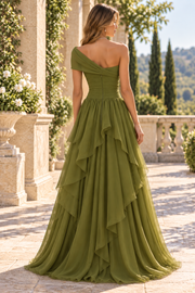 Elegant Off-Shoulder A-Line Ruffles Chiffon Empire-Waist Long Prom Evening Dress