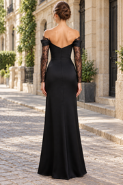 Elegant Off-Shoulder Long Sleeves Pleats Long Prom Evening Dress with Lace