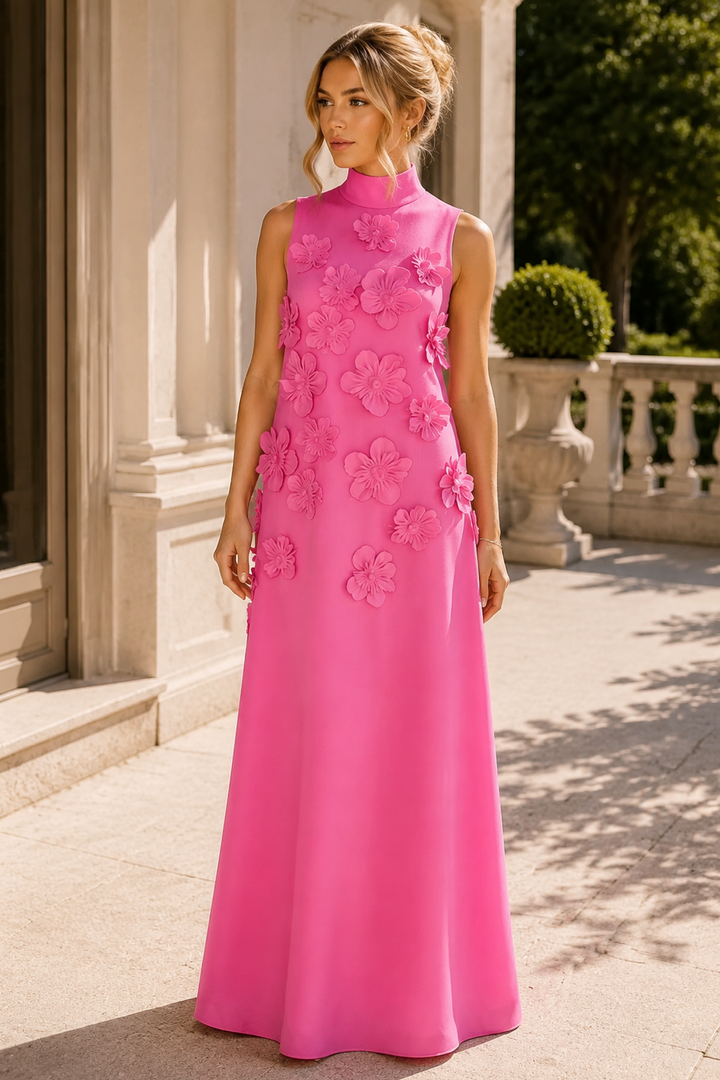 Elegant Pink 3D Appliques A-Line High Neck Prom Formal Evening Dress