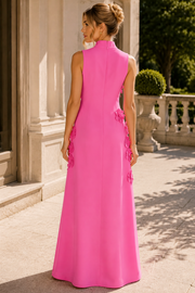 Elegant Pink 3D Appliques A-Line High Neck Prom Formal Evening Dress