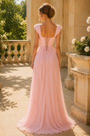 Elegant Pink Sweetheart Chiffon Ruched A-Line Long Prom Evening Dress