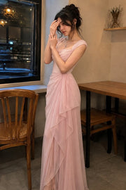 Elegant Pink Sweetheart Chiffon Ruched A-Line Long Prom Evening Dress