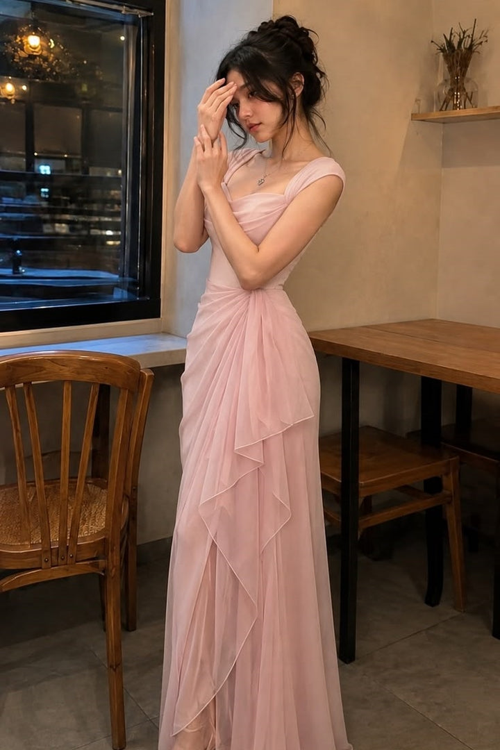Elegant Pink Sweetheart Chiffon Ruched A-Line Long Prom Evening Dress