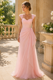 Elegant Pink Sweetheart Chiffon Ruched A-Line Long Prom Evening Dress