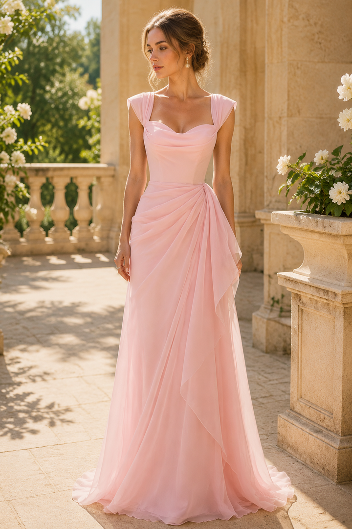 Elegant Pink Sweetheart Chiffon Ruched A-Line Long Prom Evening Dress